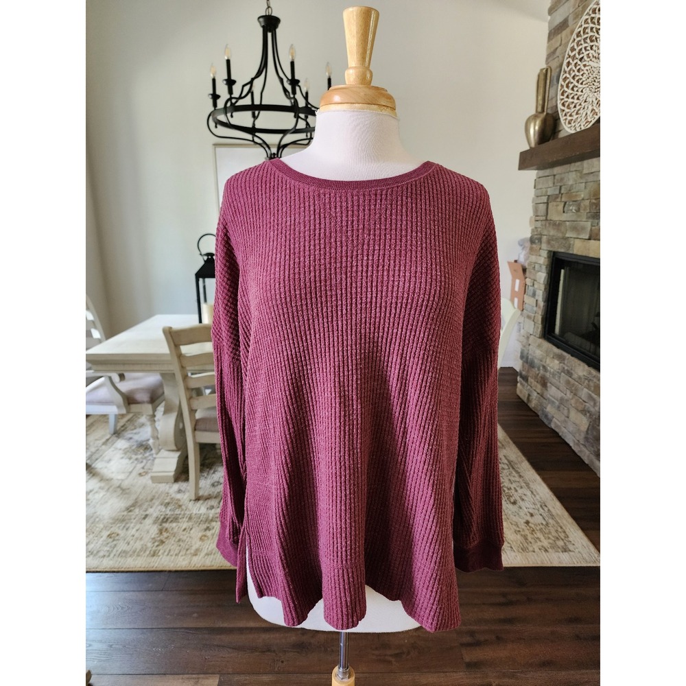Z‎ SUPPLY Womens Burgundy Waffle Knit Thermal Long Sleeve Top Large